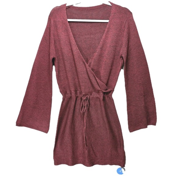 Cupshe Choir Shirt Mini Sweater Dress Sz S Bell Sleeves Faux Wrap Burgundy NWT - Picture 3 of 16